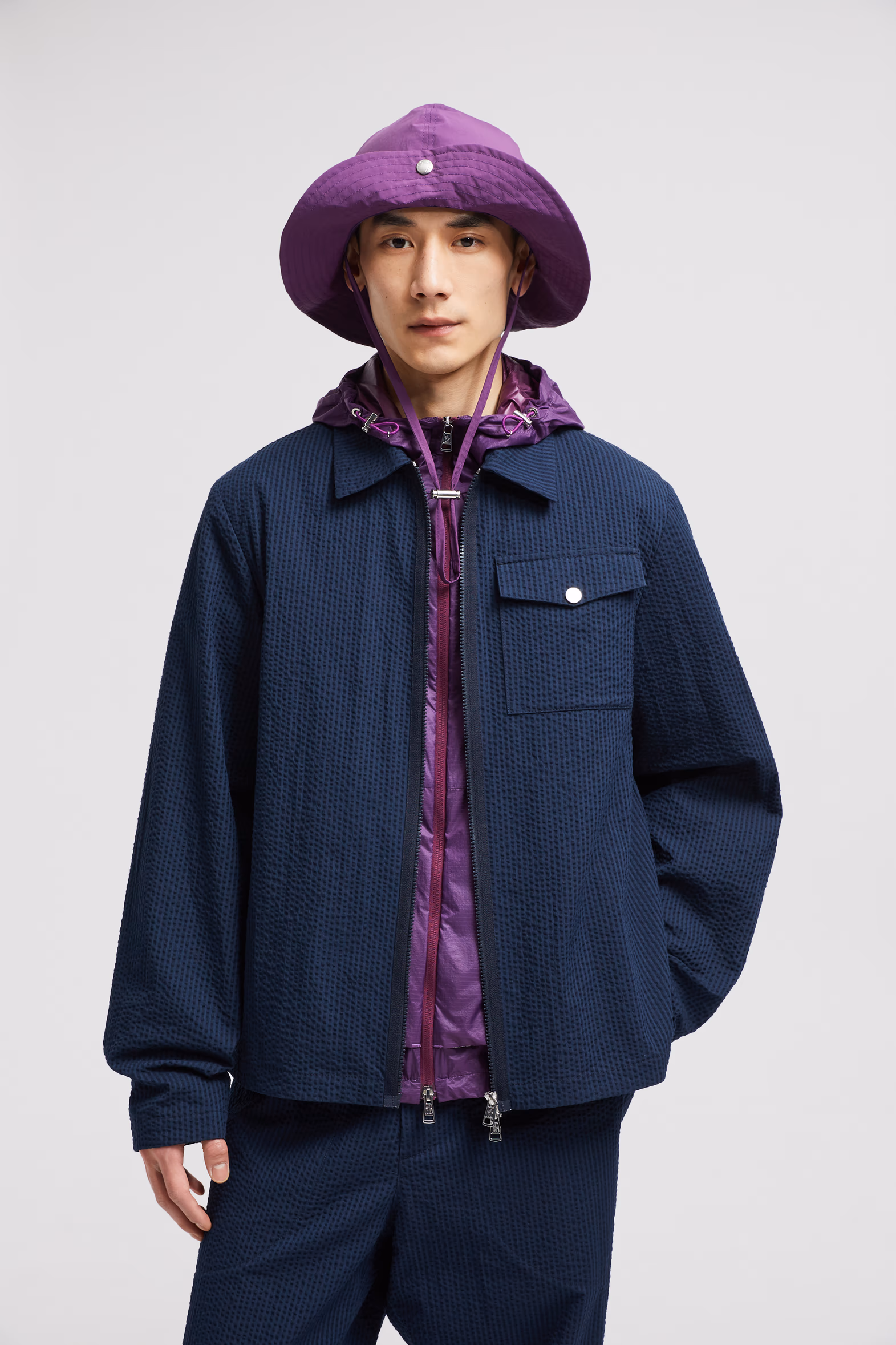Seersucker Shirt Jacket Men Dark Blue Moncler 3